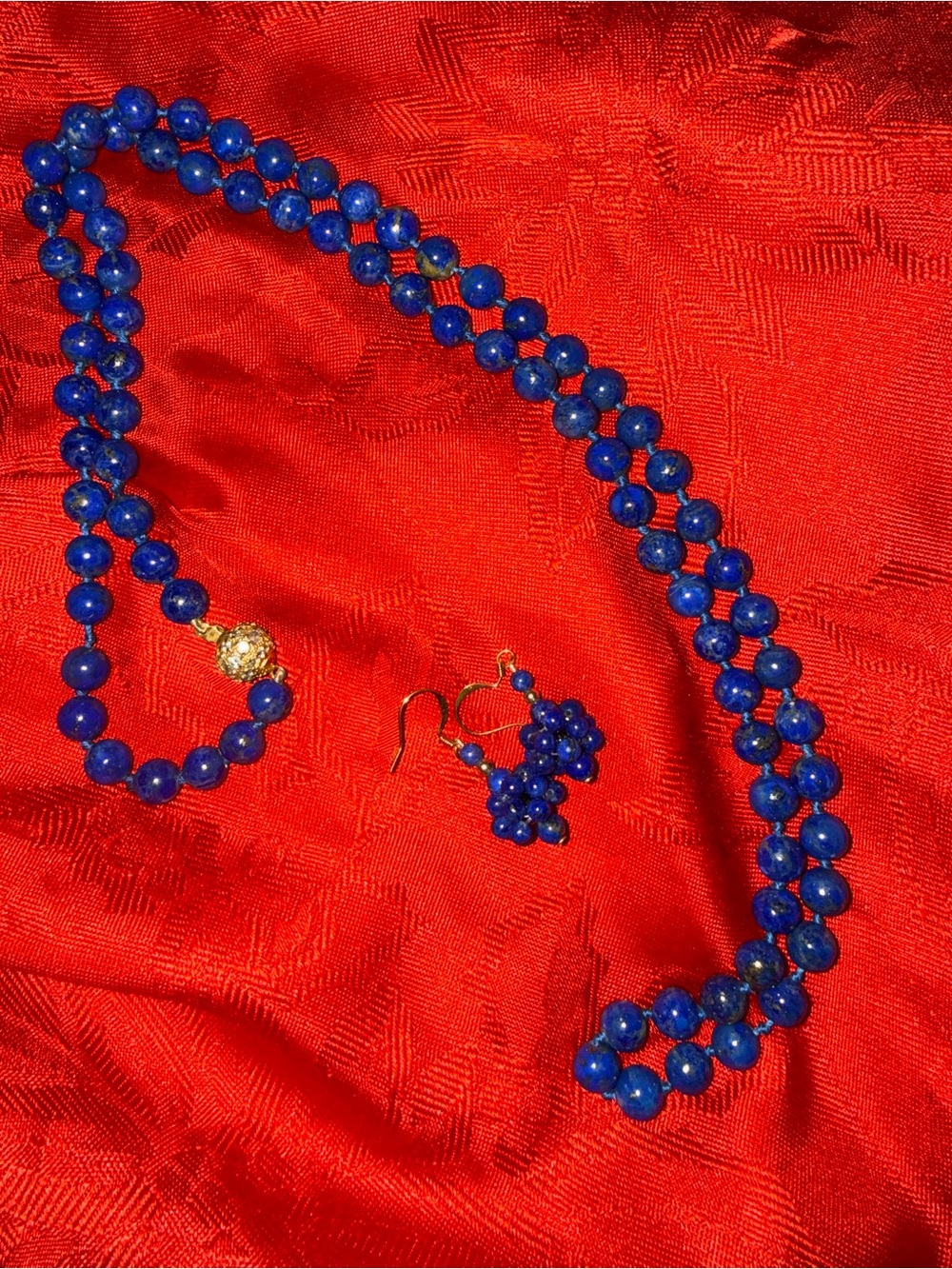 Vintage lapis-lazuli Beaded Necklace and Earring Set -